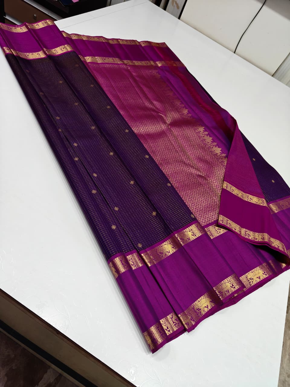 Royal Purple and Magenta Contrast Kanchipuram Silk Saree
